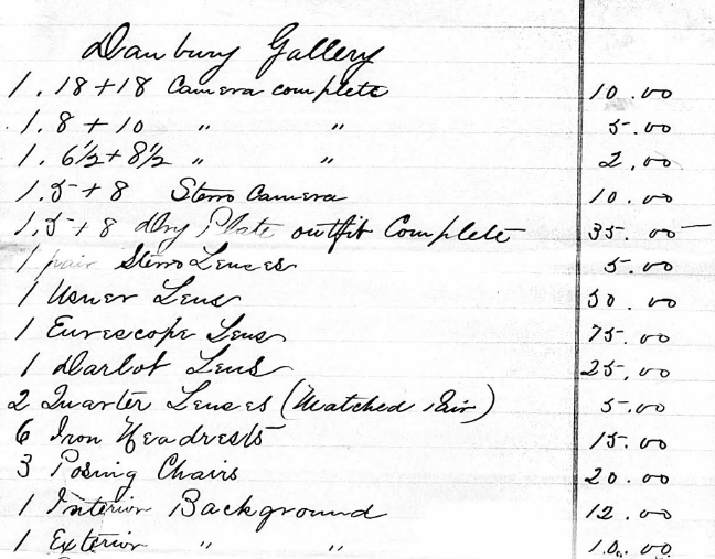 Start of the inventory list for the Danbury Folsom studio. Part of the 1883 probate papers for Joseph H. Folsom