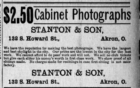 Ad for Stanton & Son Studio in Akron, OH. Akron Times Democrat, December 18, 1889