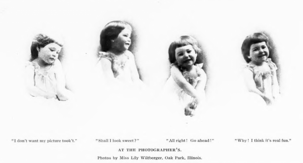 4 photos of a little girl in various poses Photos credited to "Lily WIltberger, Oak Park, Illinois. The Inland Printer, July 1899.