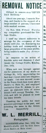 Wiggins Merrill notice, Osford County Advertiser, 12-11-1903 (same ad repeated throughout December 1903)