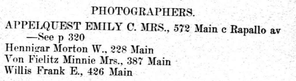 1904 Middletown City Directory list for Photographers, with Mrs. Emily C. Appelquest list at the top of the list, with a studio at 572 Main Street.