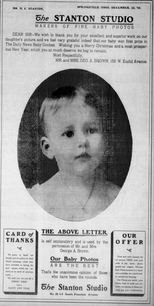 Stanton Studio newspaper ad that includes a thank you note from the parents of the 1906 Baby Contest winner. Springfield News, December 23, 1906