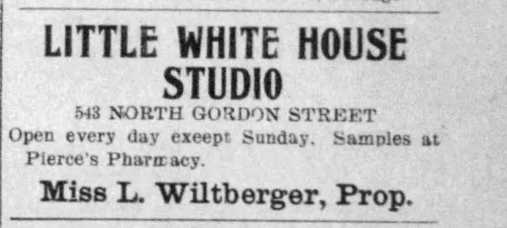 Ad for The Little White House Studio, Miss L. Wiltberger, Proprietor. Progress Bulletin, February 6, 1906