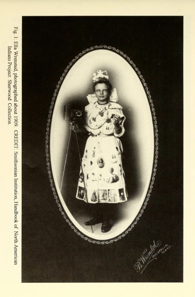 1909 photo of Ella Wrensted in a dress made of photos taken by her Aunt Charlotte in Denmark. From the Anthro notes : National Museum of Natural History bulletin for teachers document on the. Internet Archive. 