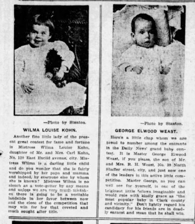 Snippet showing 2 of the contestant photos and bios. From the sample page with 18 of the contestants in the Baby Contest run by the Springfield News in 1910.   Springfield News, November 13, 1910