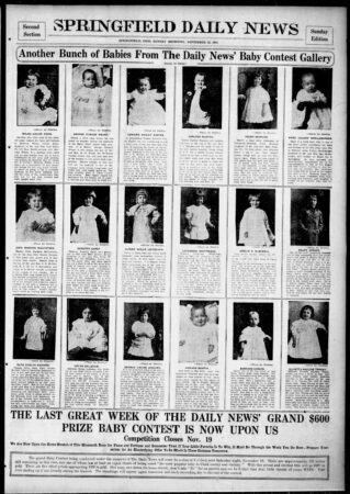 Sample page with 18 of the contestants in the Baby Contest run by the Springfield News in 1910.   Springfield News, November 13, 1910