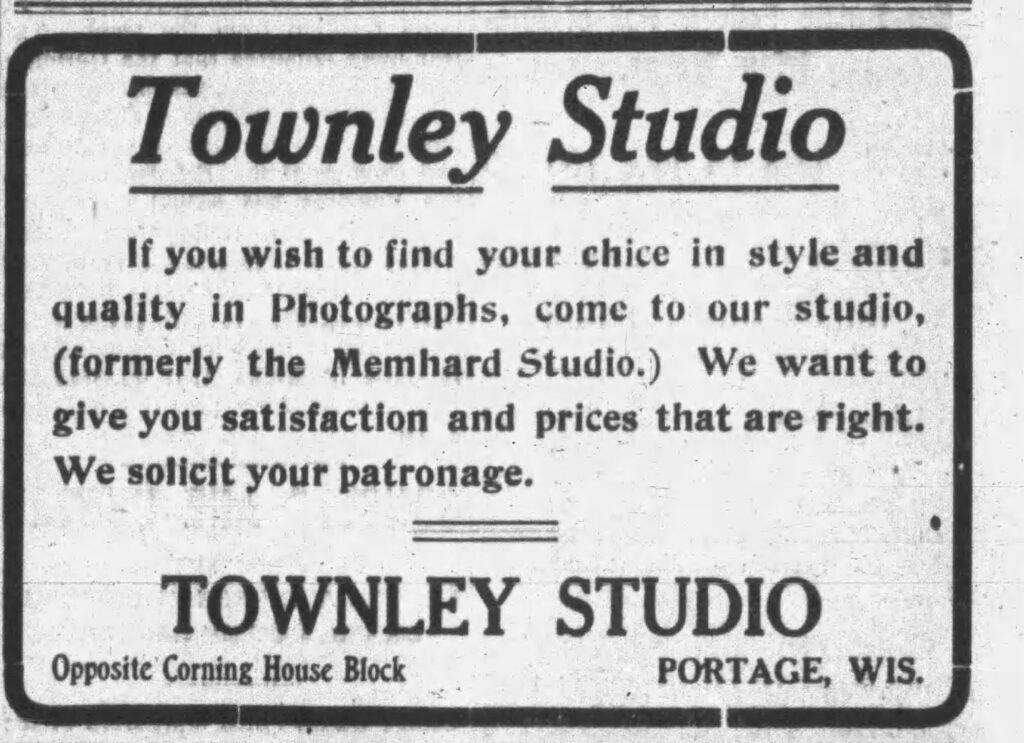 First ad for the Townley photograph studio in Portage, Wisonscin