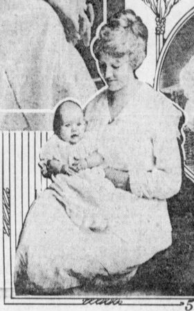 Photo of Ruby Stanton McArtor, seated, with her baby daughter on her lap. Springfield news, September 23, 1917