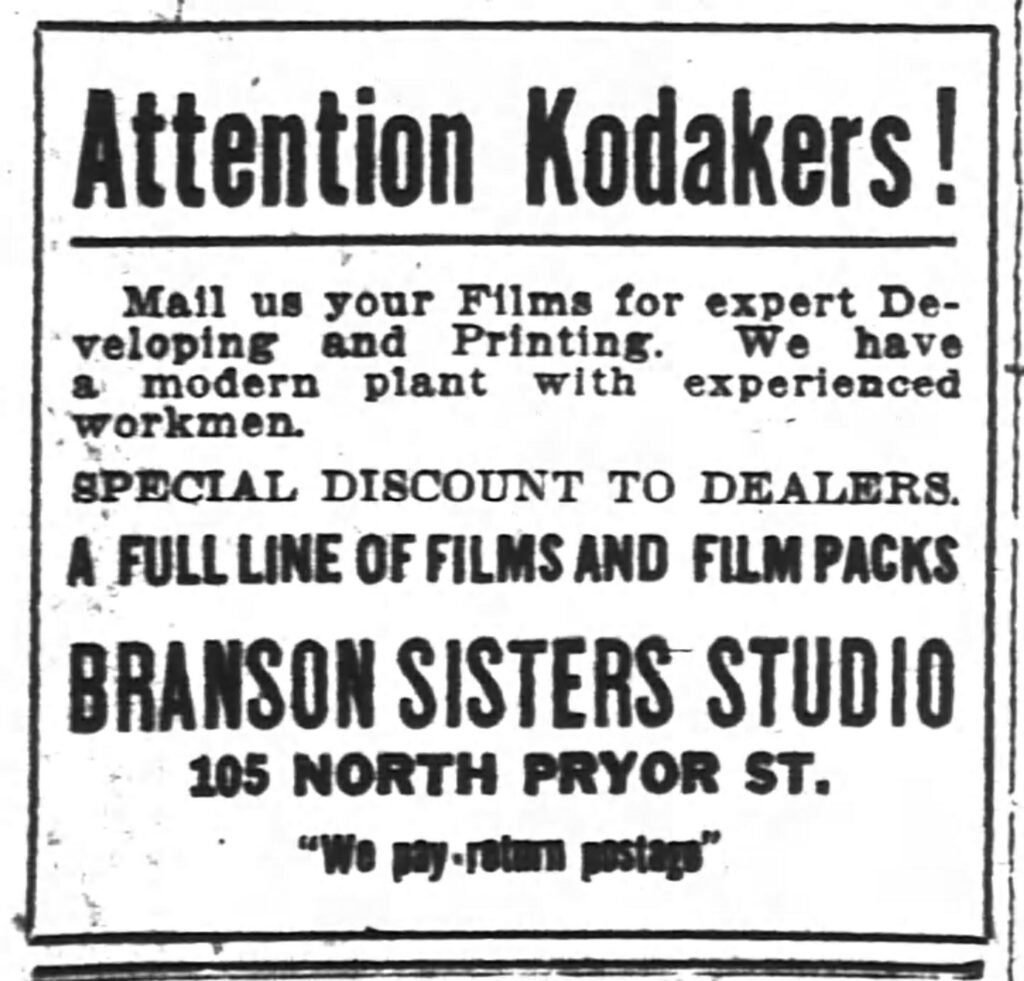 ad for the Branson Sisters studio in Atlanta, GA, emphasizing Kodak processing. The Atlanta Constitution, April 28, 1918