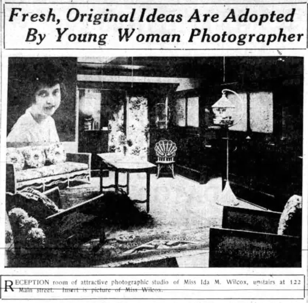 Headline and photo of studio interior, from an article about the opening of the Ida Wilcox studio. Salt Lake Telegram, October 19, 1918.