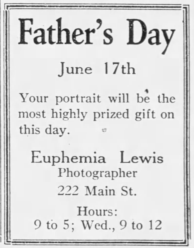 Euphemia Lewis ad - Father's Day themed. Rushville Republican, June 11, 1923