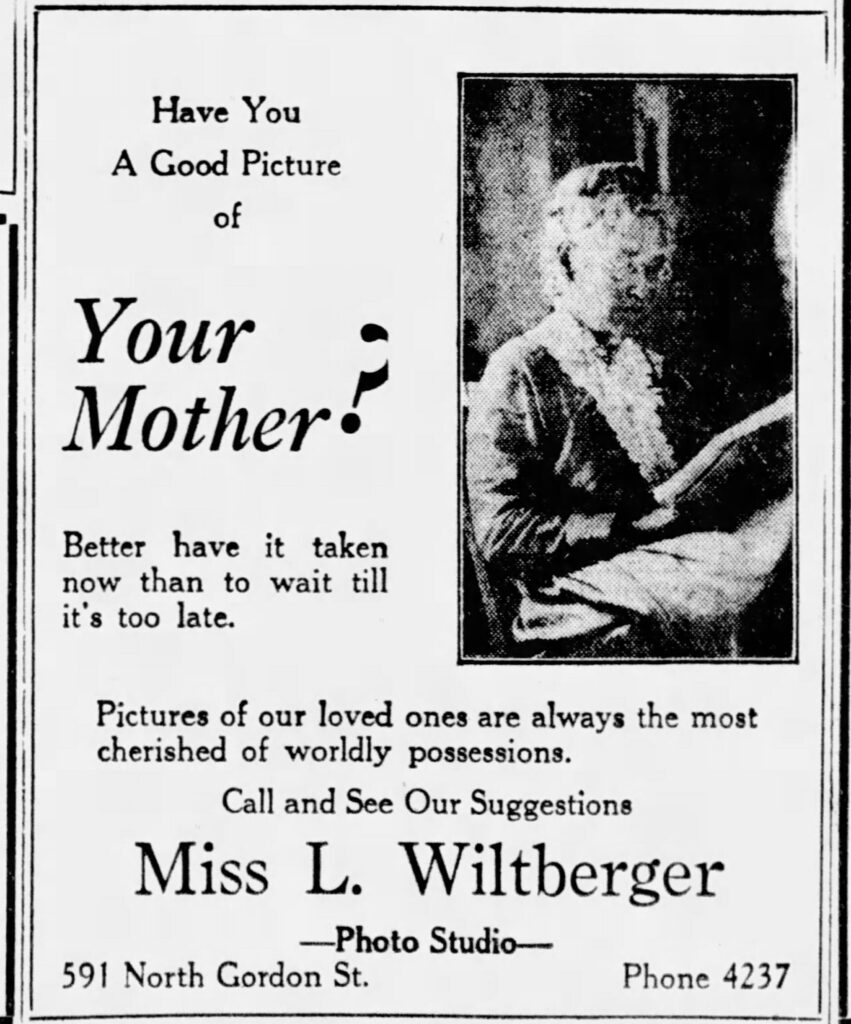 Fancy mother's day themed ad for Miss L. Wiltberger studio, with a photo of an older woman in a rocking chair. The Progress Bulltin, April 26, 1924