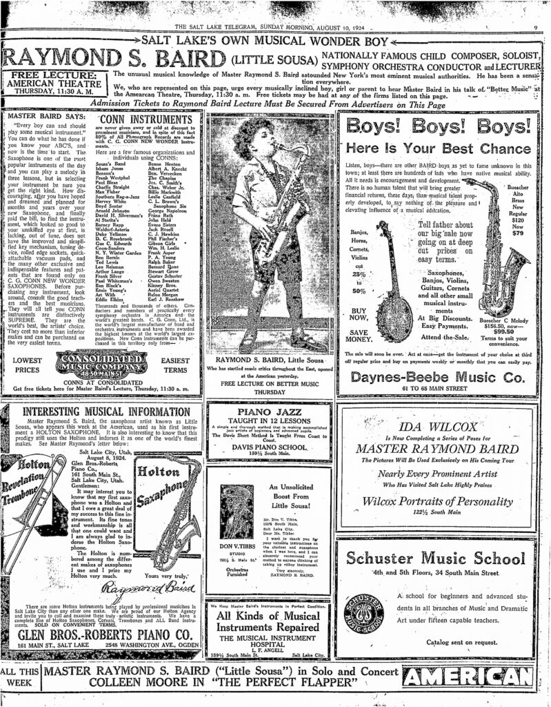 Full page devoted to things related to Master Raymond Baird. Salt Lake Telegram, August 10, 1924