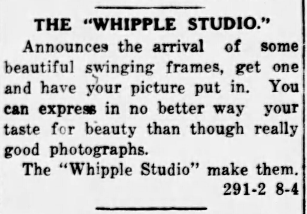 Small text ad for Whipple Studio in Nevada, Missouri. Southwest Mail and The Weekly Post, September 12, 1924