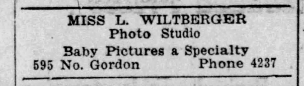 simple ad for Miss L. Wiltberger's photo studio in Pomona, CA, where "baby photos [are] a specialty." The Bulletin, December 31, 1924. 