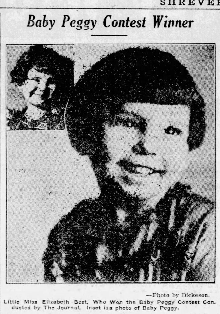 Winner of the BabyPeggy Contest in Shreveport, LA (inset) with a larger photo of Baby Peggy. Photo credit is the Dickeson studio. The Shreveport Journal, December 12, 1924