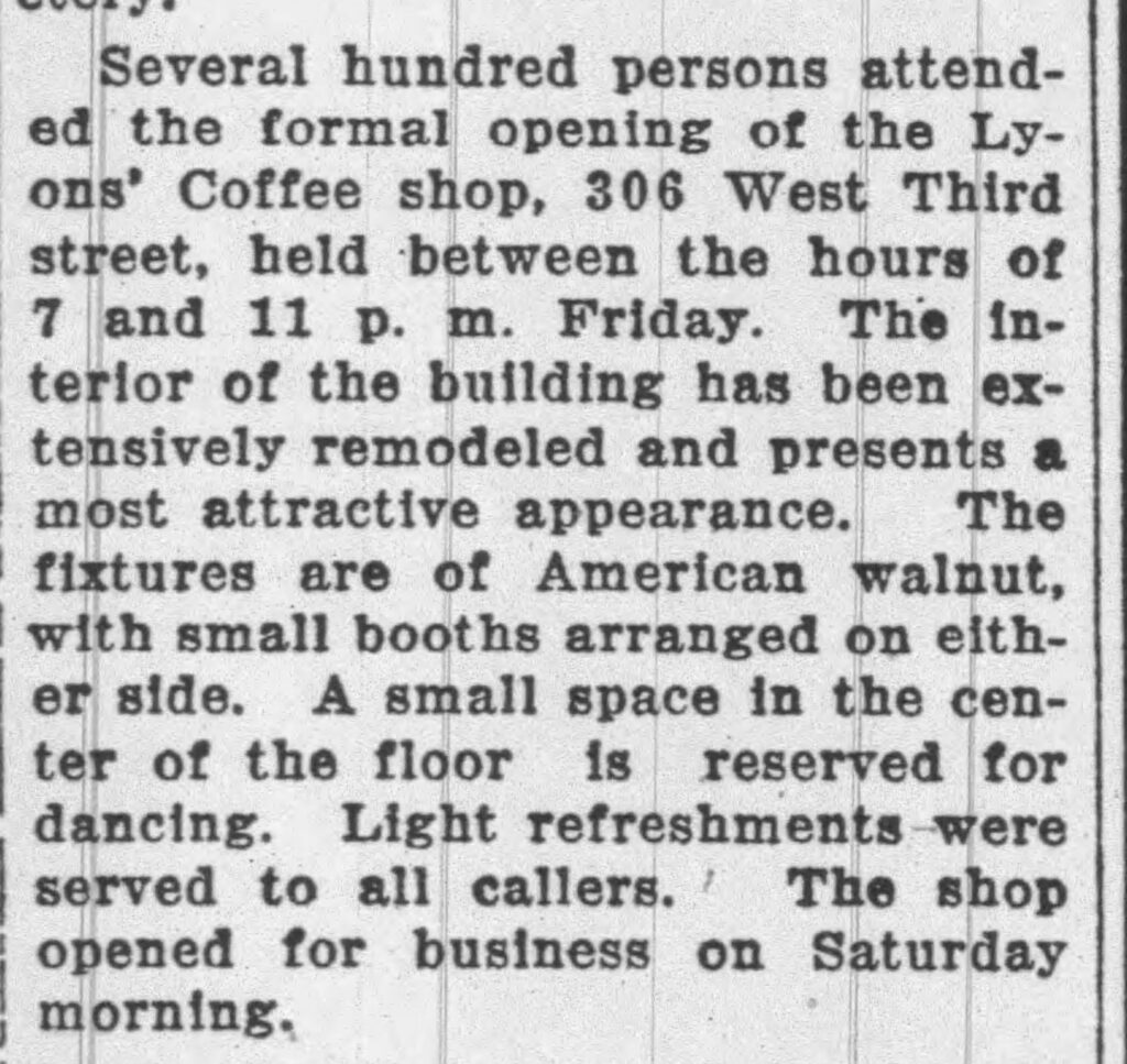 Article about the successful opening of the Lyons Coffee Shop, which drew several hundred people. The Grand Island Independent, March 28, 1925