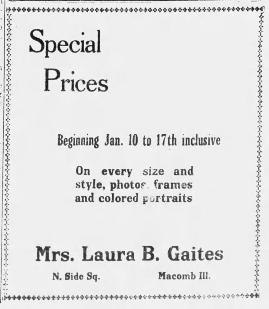 Ad for Mrs. Laura B. Gaites' studio in Macomb, Illinois. Macomb Daily By Stander, January 9, 1925