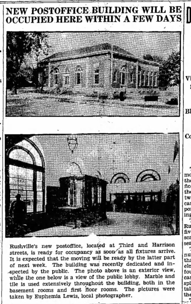 Photos published in the newspaper taken by Euphemia Lewis of Rushville, Indiana's new post office. Rushville Republican, November 8, 1930