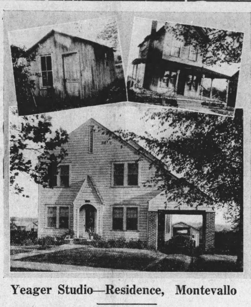 Photos of Alice Yeager's studio in Montevallo, Alabama, over time. 
Top left: original shack Alice and her husband James used when they first opened the Yeager studio prior to 1910. 
Top right: new building with a studio and also living space,  built to replace the studio/shack. 
Bottom photo: 1928 remodelled studio and residence. 
Shelby Country Reporter, January 28, 1932