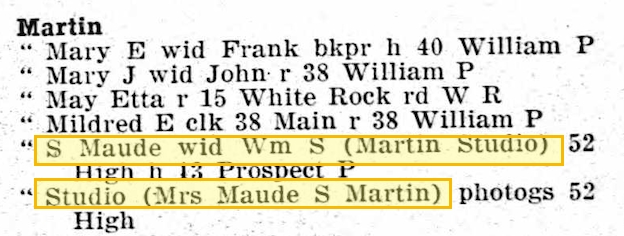 Susan Maude Martin is listed as S. Maude Martin and Mrs. Maude S. Martin in the 1933 Westerly city directory