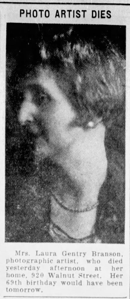 Photo and headline clipped from the long obituary of Laura G. Branson. The Knoxville News Sentinel, September 17, 1935