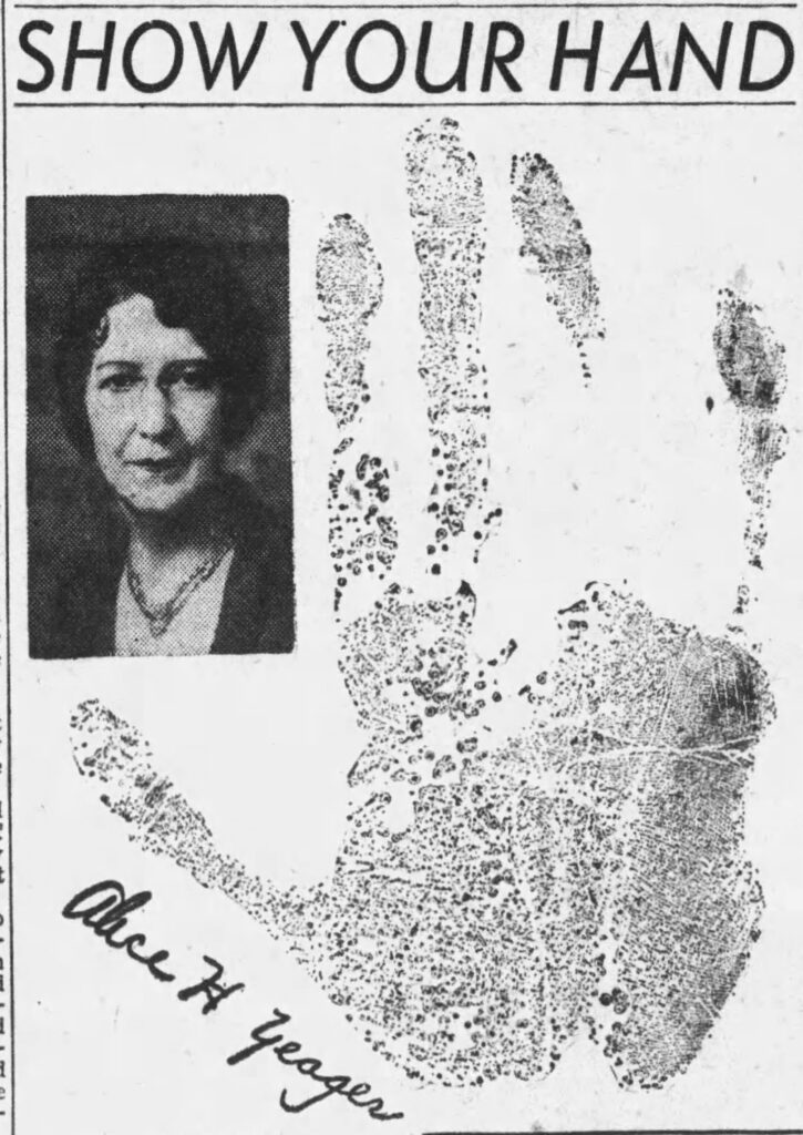 Alice Yeager's palm print with an inset headshot of Alice Yeager. One of the "Show Your Hands" series of aricles by Alice Denton Jennings. Birmingham News, May 24, 1935. 