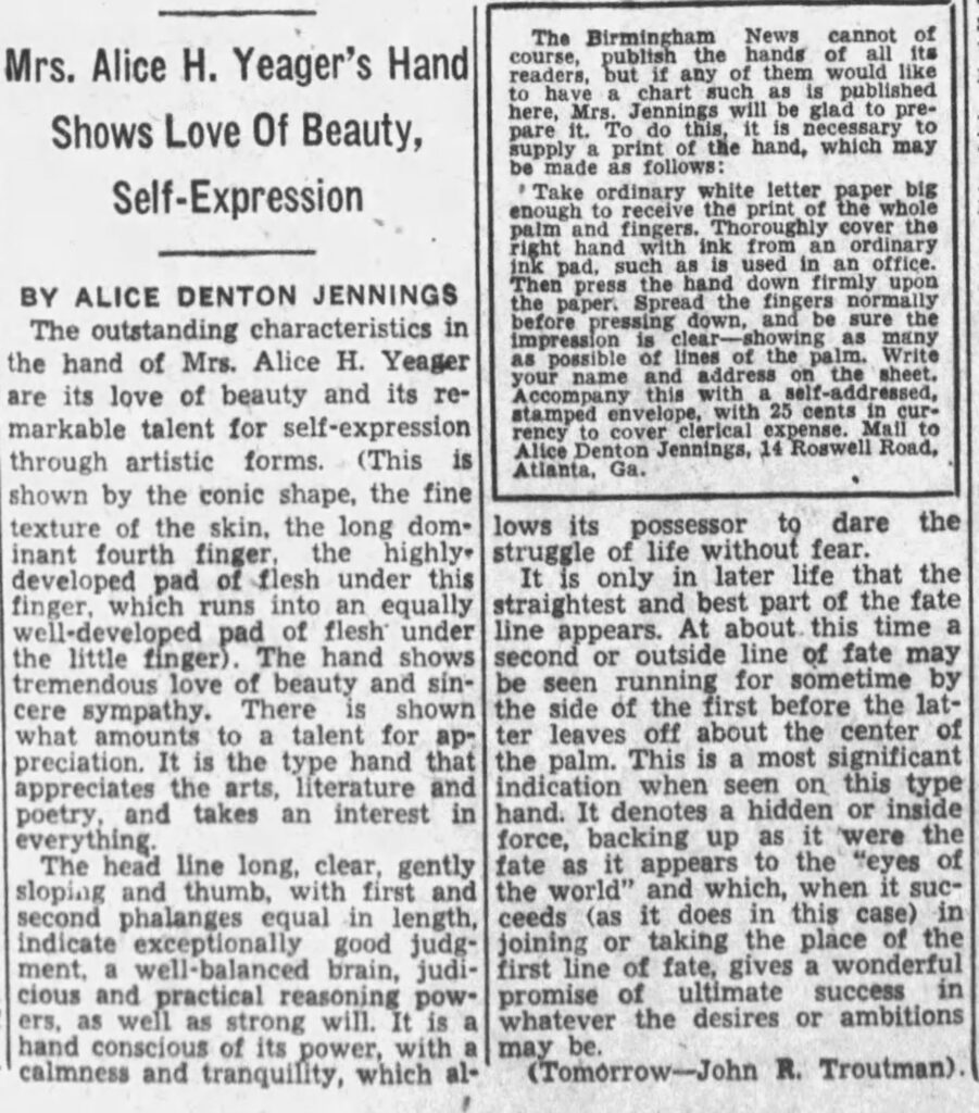 Alice Yeager's palm print analysis  Alice Denton Jennings. Birmingham News, May 24, 1935. 