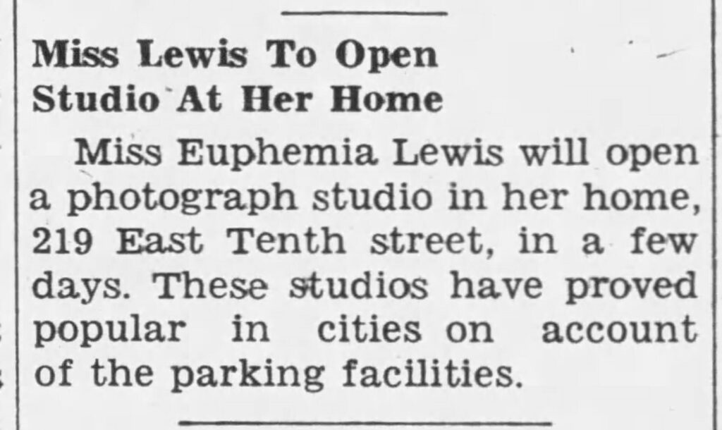 Euphemia Lewis opens a home studio (notice in paper). Rushville Republican, April 8, 1940