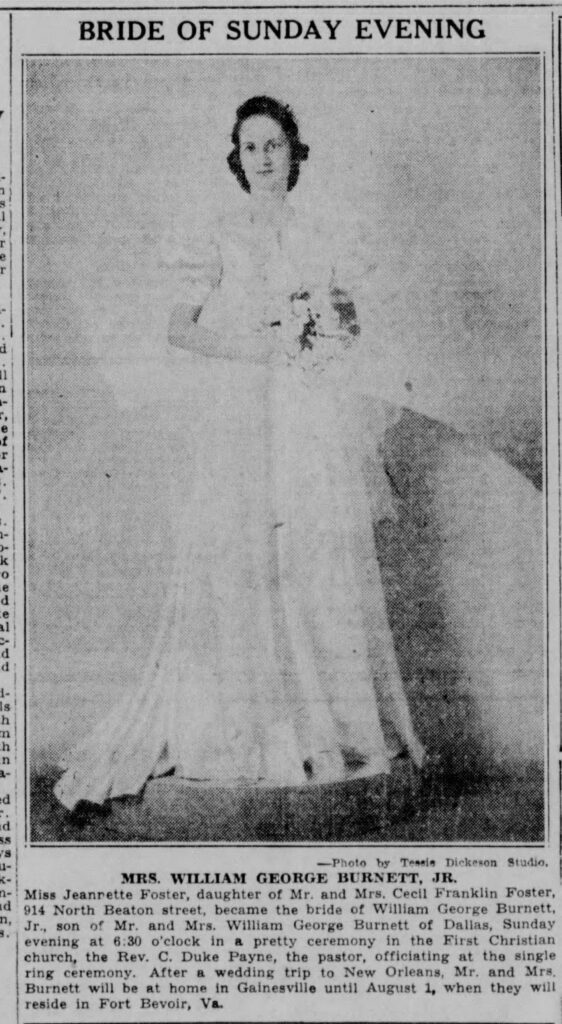 Bride posing in wedding dress. Corsicana Daily Sun, June 30, 1941