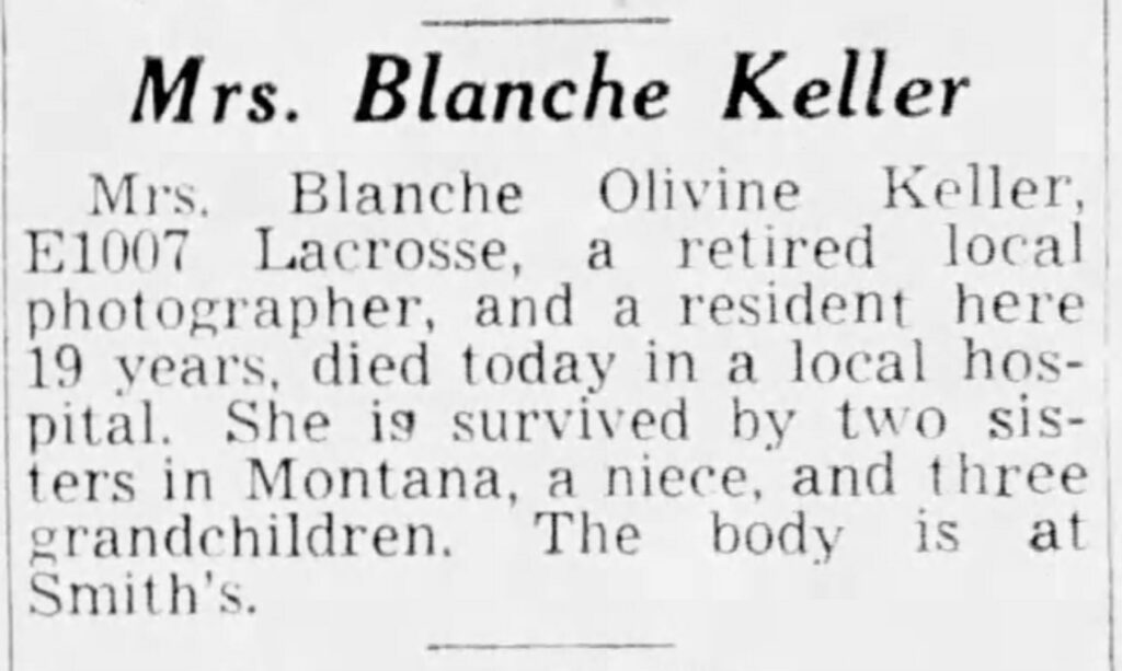 Obituary for Mrs. Blanche Keller; it mentions she was a photographer. Spokane Chronicle, Feb 22, 1945