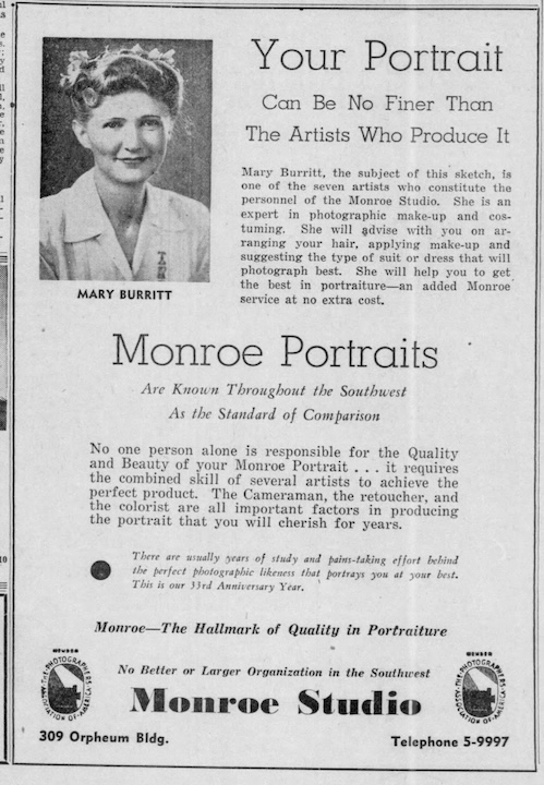 1946 AD FOR THE MONROE STUDIO. Includes Photo of Mary Burritt. Tulsa World, March 3, 1946