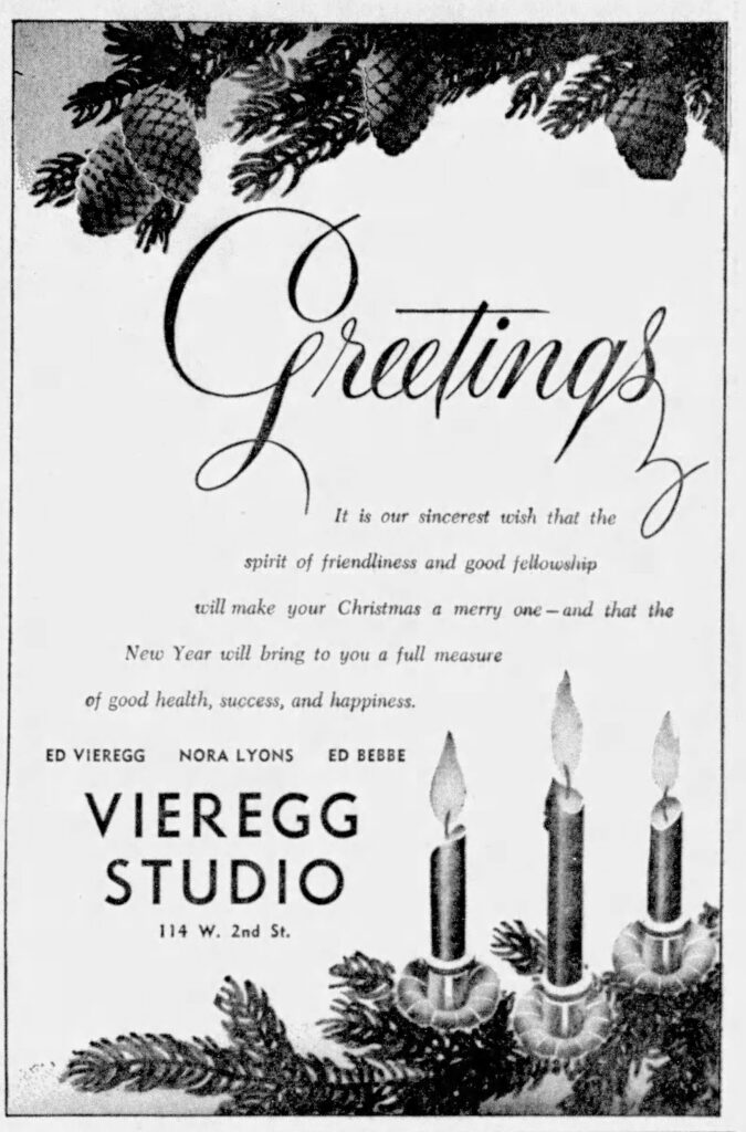 Christmas-themed ad for the Vieregg Studio. The Grand Island Independent, December 24, 1949.