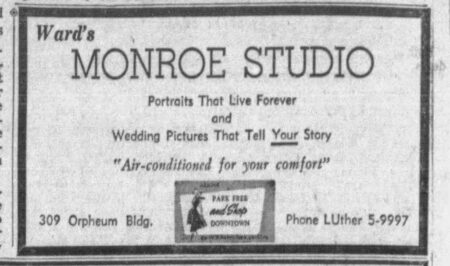 Wad for Ward's Monroe Studio, Tulsa World, August 3, 1958