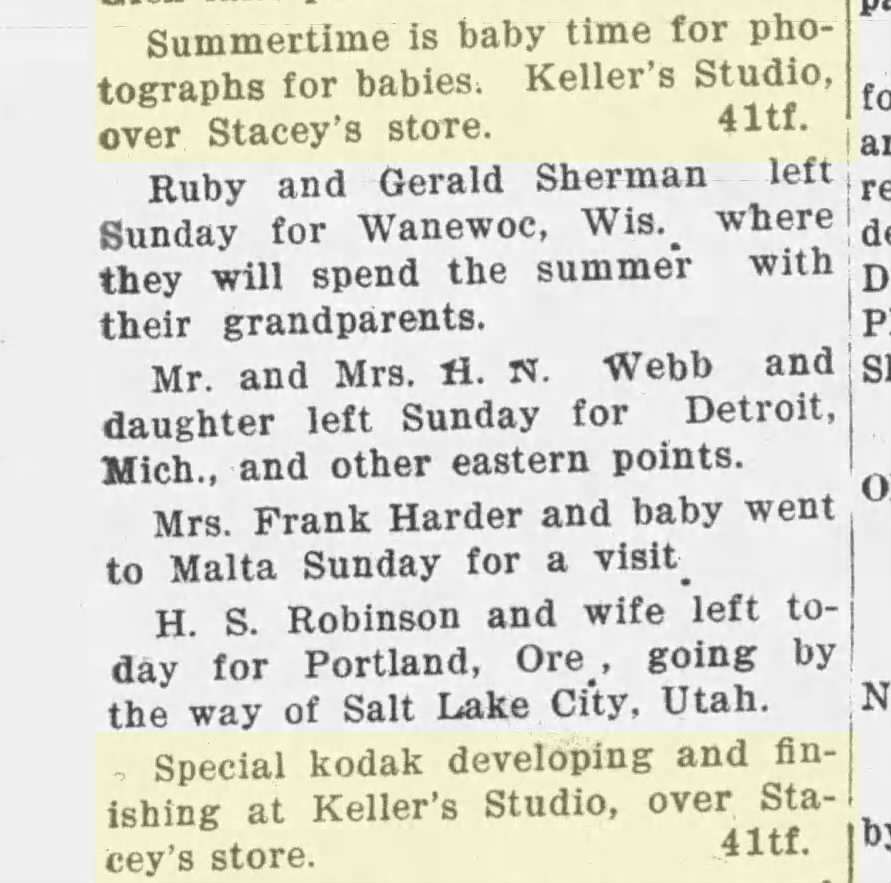 2 different services offered by Mrs. Keller's studio: baby portraits and Kodak finishing. The Whitefish Pilot, Jun 03, 1924