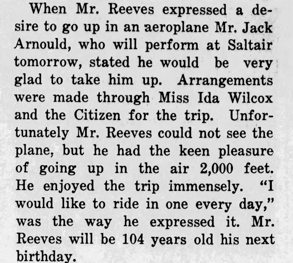 Snippet from an article the tells the story of Ida Wilcox arranging for 103-year-old Civil War Veteran to fly in small plane with J. Arnold (daredevil pilot). Goodwin's Weekly. June 9, 1928