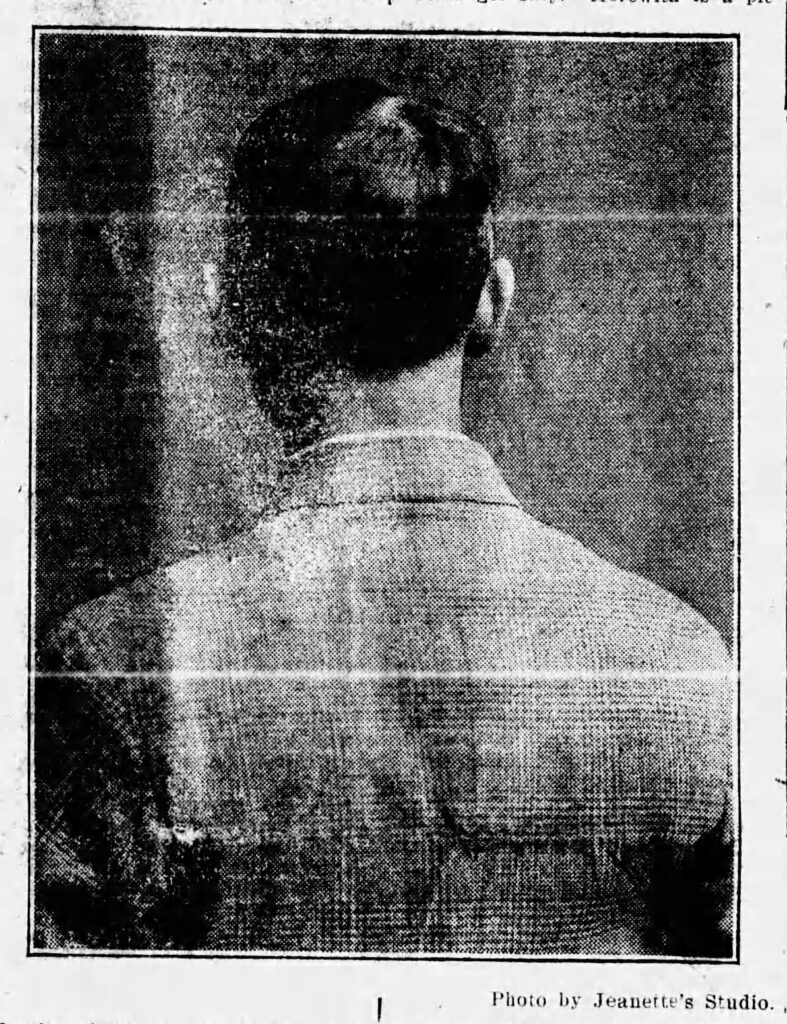 Photo of back of man's head. Photo used in contest for Billy Butter company; the goal was to identify the man to win an award. Joplin News Herald, June 2, 1907