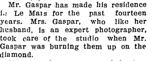 Clipping from article on Harry Gaspar and family moving to California after 24 years in LeMars Iowa. Le Mars Semi-Weekly Sentinel, July 20, 1923