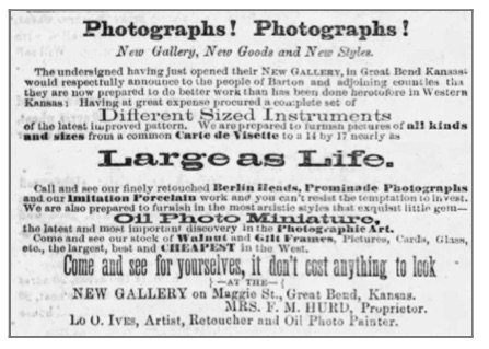 Ad for Mrs. F. M. Hurd's new photograph gallery, he Great Bend Register , Thu, Apr 5, 1877