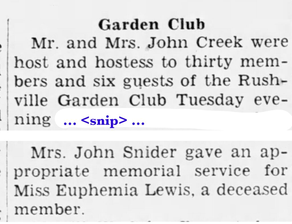 Garden Club marks the passing of Miss Lewis after her death. Rushville Republican, February 3, 1949