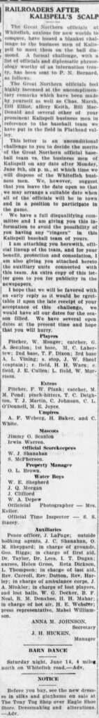 Baseball challenge details issued by Great Northern Railroad officials to the businessmen of Whitefish, Montana published by The Daily Inter Lake, June 11, 1924. Mrs. Keller is designated as the official photographer of the game.