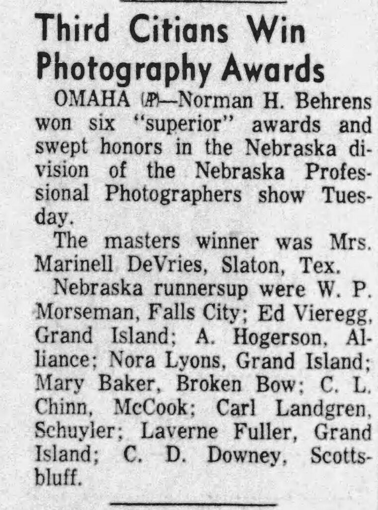 Nora Lyons of Grand Island listed as winning a "runner up" award for photography. The Grand Island Independent, July 11, 1956