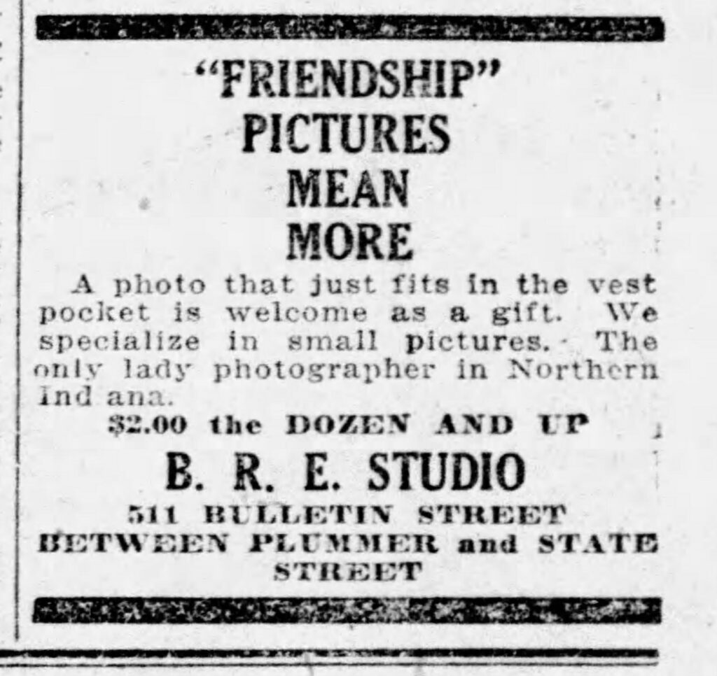 Ad titled "Friendship" photos means more
for Bessie R. Edgetcombe's photo studio (B.E. R. Studio), The Times, October 11, 1924