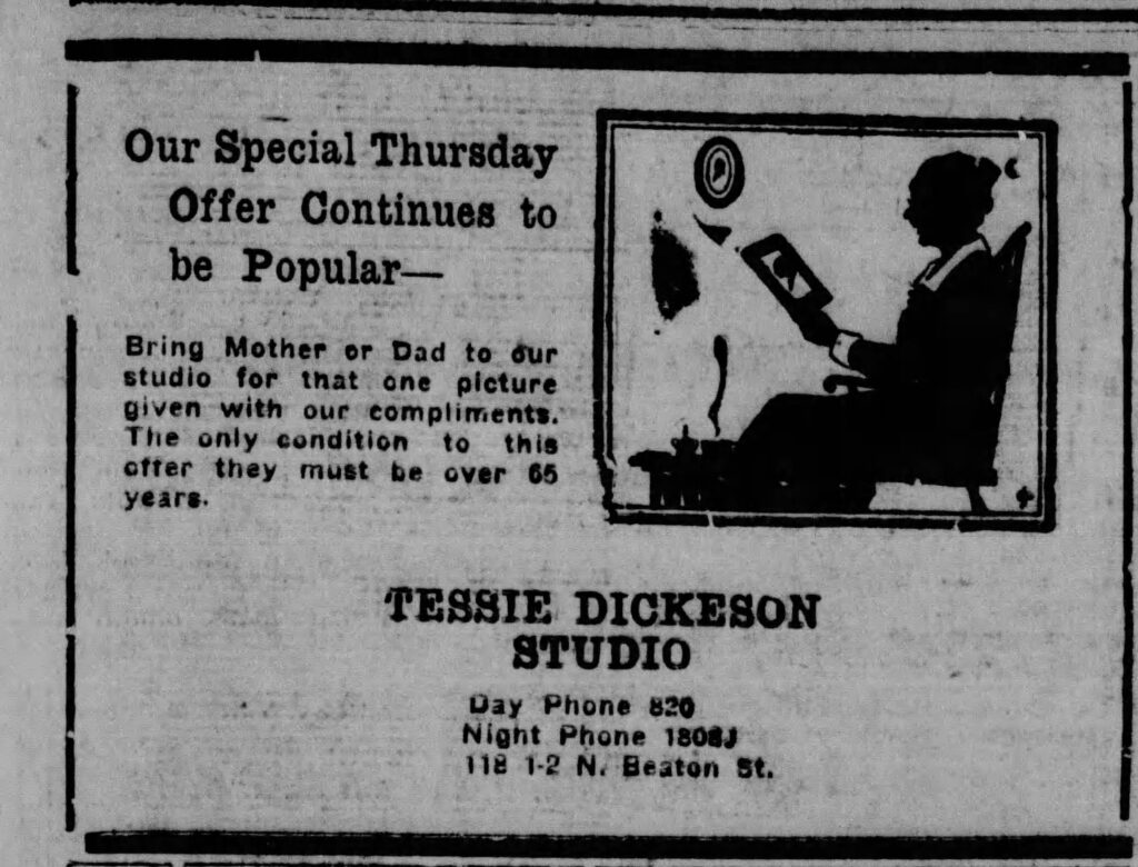 Advertisement for Tessie Dickeson Studio, Corsicana, TX. Corsicana Daily Sun, July 13, 1927