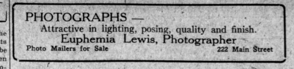 Ad for the Euphemia Lewis studio Rushville, Indiana. Rushville Republican, October 17, 1923