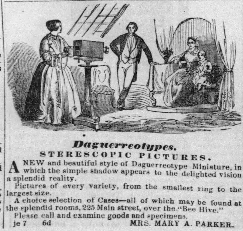 Mrs. Mary Parket ad. Ad with drawing of gamily sitting in a parlor getting their photo taken - a woman is standing behind the camera. Hartford Courant, June 8, 1853