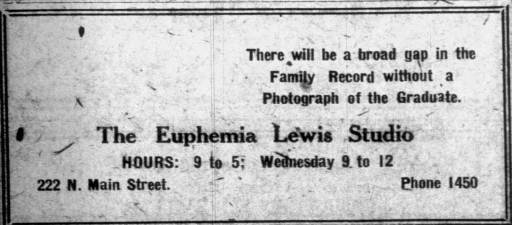 Euphemia Lewis ad - graduation themed. Rushville Republican, May 20, 1920
