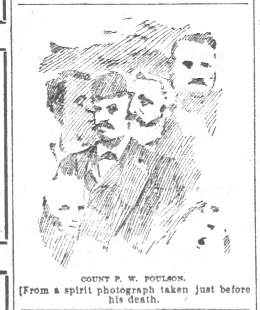 Sketch from a photograph taken by Mrs. Lizzie Carter of  many spirits surrounding Dr. Peter Poulson on his deathbed. San Francisco Chronicle, July 30, 1894