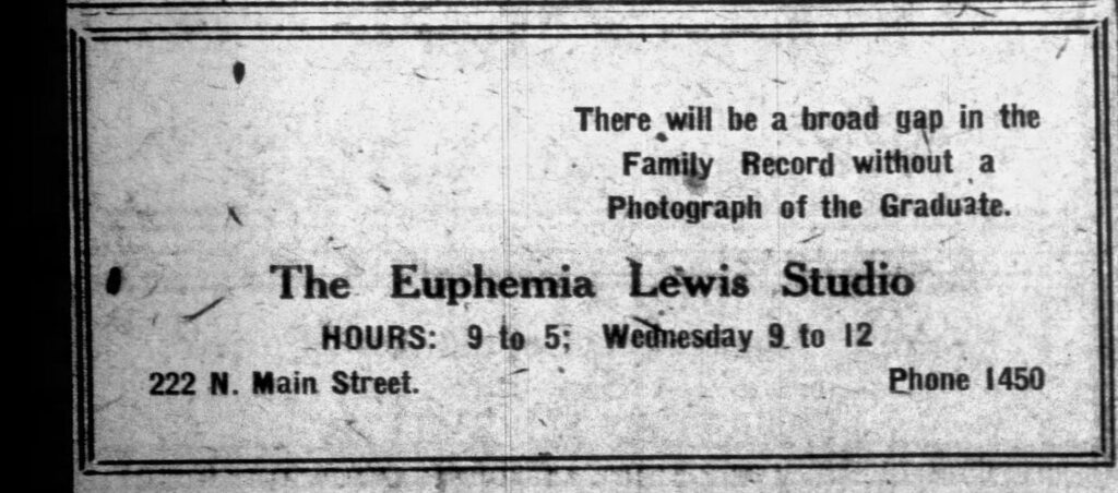 Ad for the Euphemia Lewis studio Rushville, Indiana. Rushville Republican, May 20, 1920