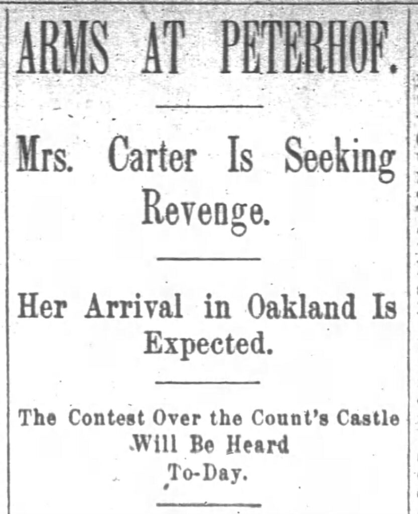 Headline for article about the legal struggle and accusations that fly between Mrs. Alice Poulson and Mrs Lizzie Carter. San Francisco Chronicle, July 30, 1894